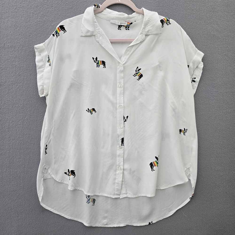 Jane Delancey White Button-Up Cap Sleeves Top with Rainbow Pride Dog Print XL